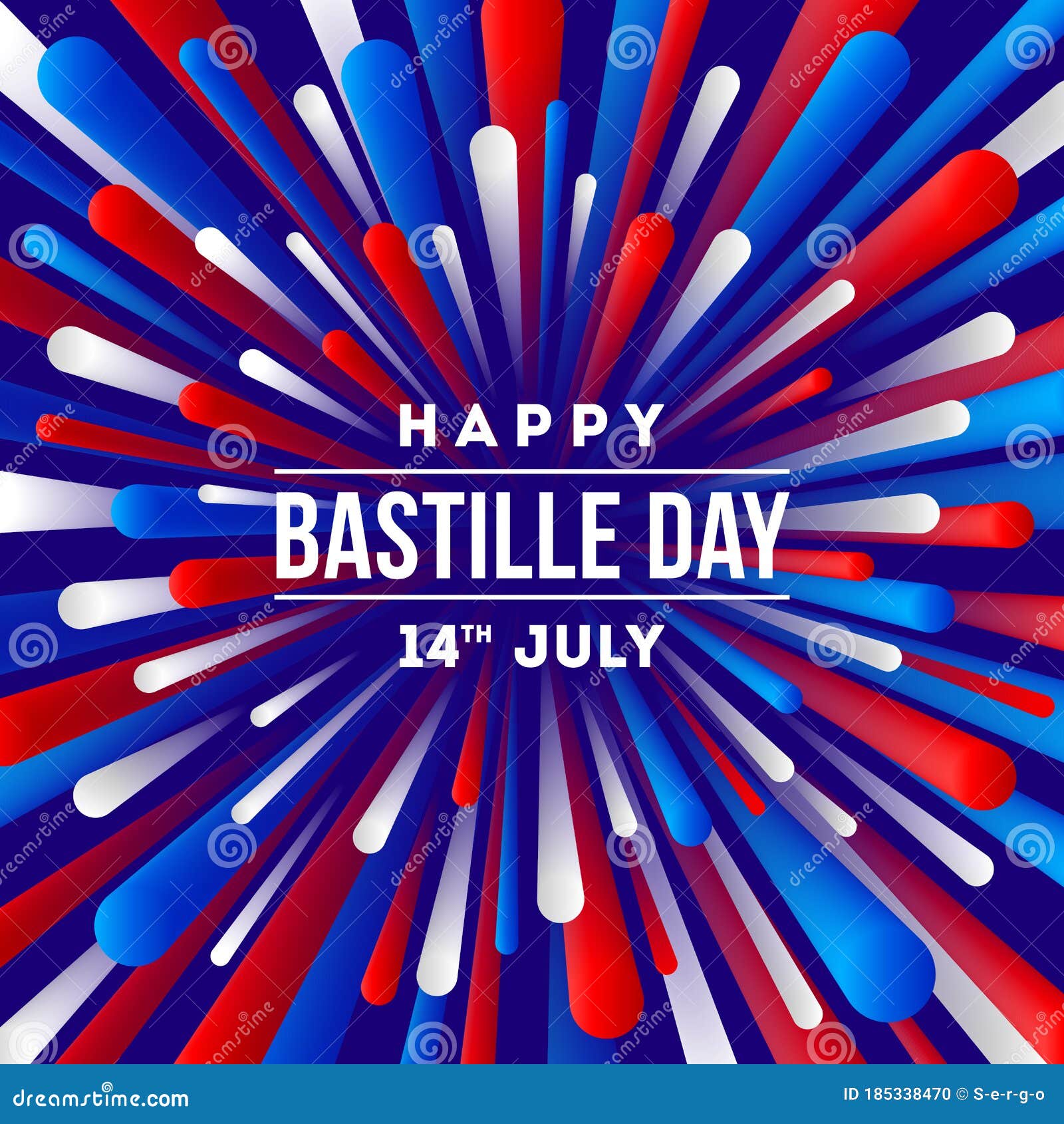french national holiday - bastille day. greeting  with firework burst rays  in color of france flag.